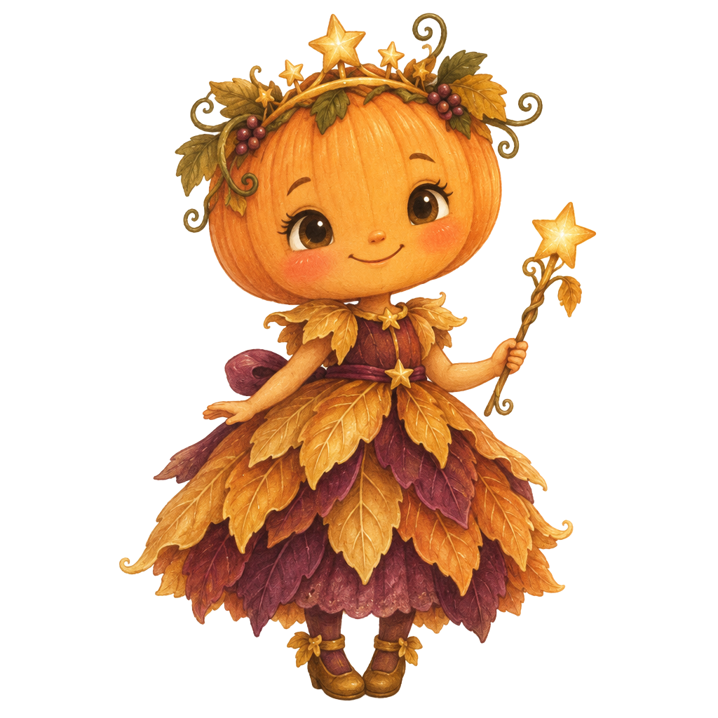 Poppy, the pumpkin princess with a star crown, leaf dress and wand