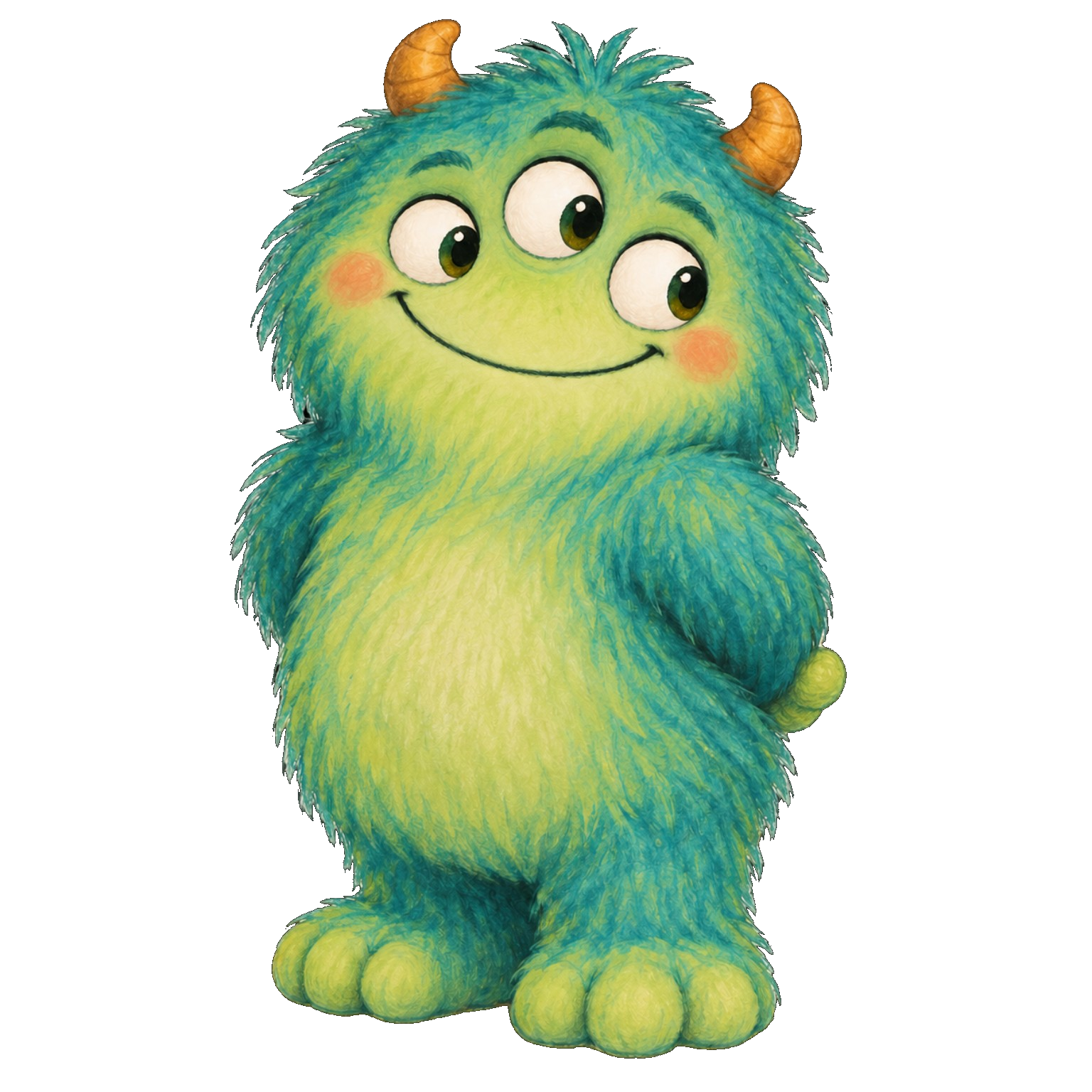 Mo, the friendly three-eyed monster with his hands behind his back